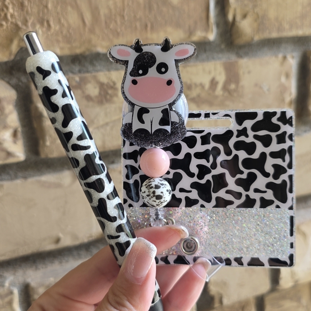 Cow Print badge reel and pen set